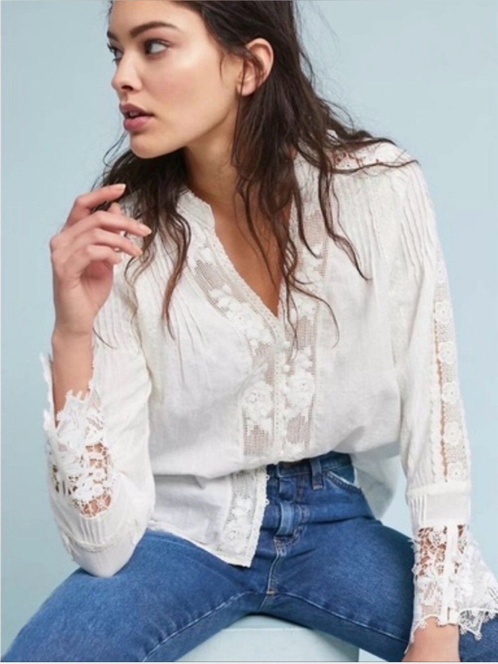 Anthropologie Eri + Ali Elmira Lace Button Down Blouse White Size XL